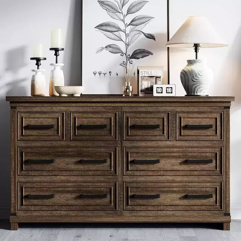 55 Farmhouse 8 Drawer for Bedroom, Retro Cabinet, Multi-Drawer Storage Furniture, Retro Style Wooden Cabinet