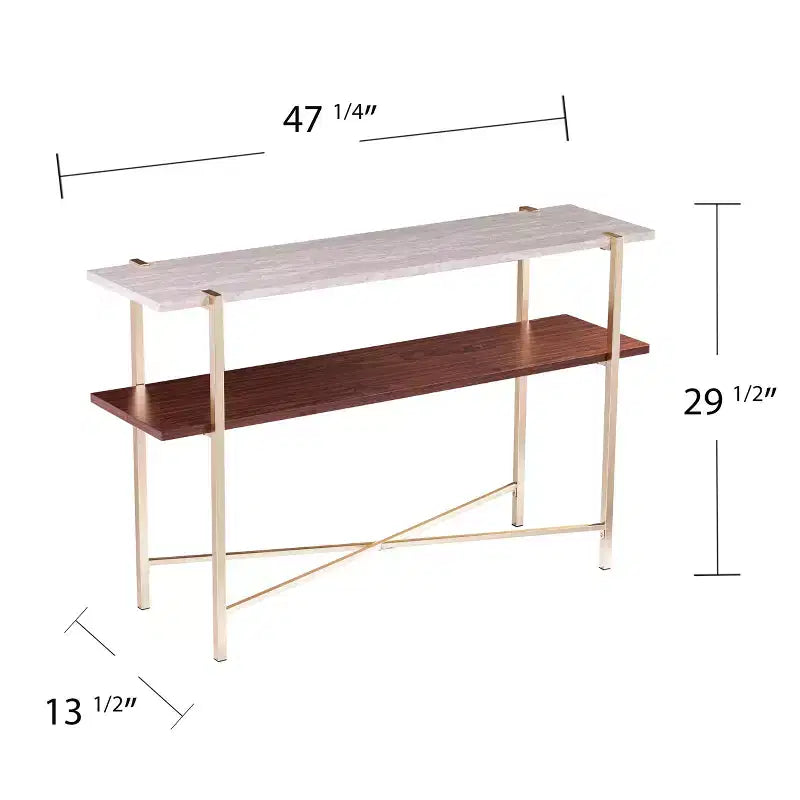 Consolle effetto marmo con ripiano portaoggetti, ottone e bianco