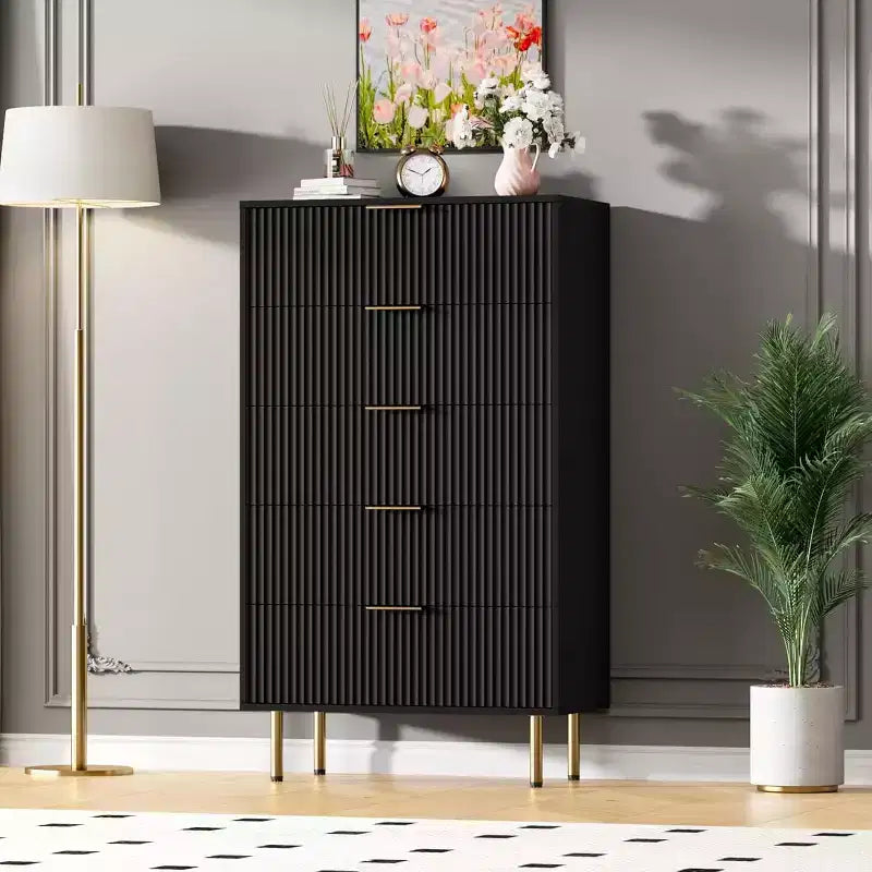 47.9 Bedroom Dresser, 5 Drawer Dresser, Wooden Tall Dresser with Metal Handles, Compact Storage Cabinet, for Closet, Living Room, Entryway, Black
