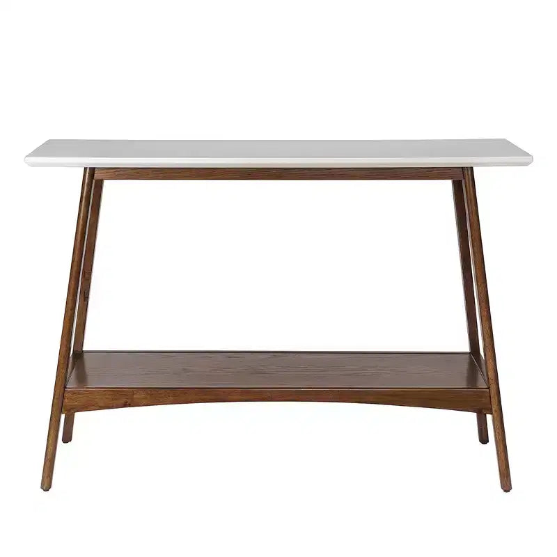 Tavolino Consolle in Legno da 122 cm con Ripiano Inferiore, Top Bianco Sporco e Base Color Noce Pecan