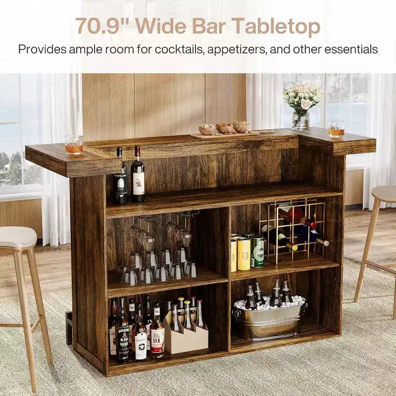 Tavolo Bar Moderno a 4 Livelli da 180 cm con Portabicchieri e Poggiapiedi Nero