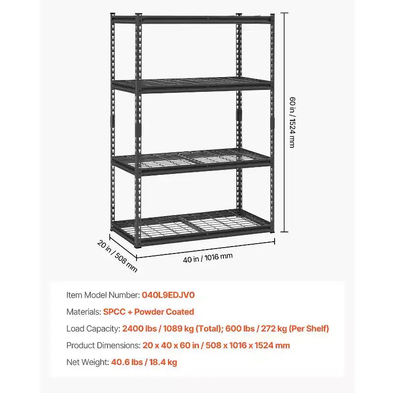 Scaffale Metallico Regolabile 4 Ripiani Carico Pesante 1088 kg, 50,8 cm P x 101,6 cm L x 152,4 cm H