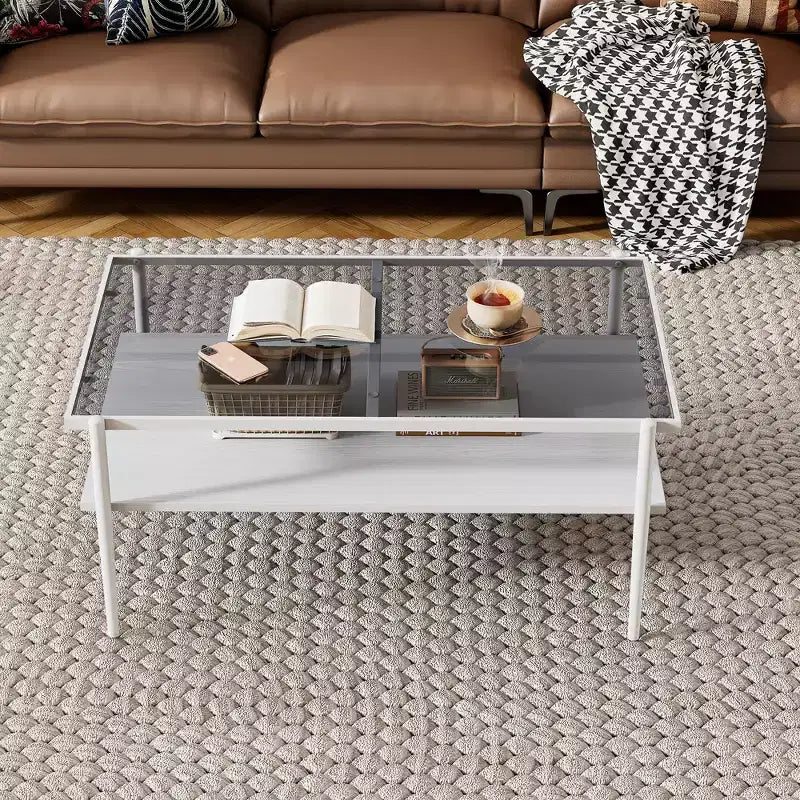 Tavolino Rettangolare con Piano in Vetro Temperato Grigio e Gambe Bianche, Tavolo Moderno per Soggiorno
