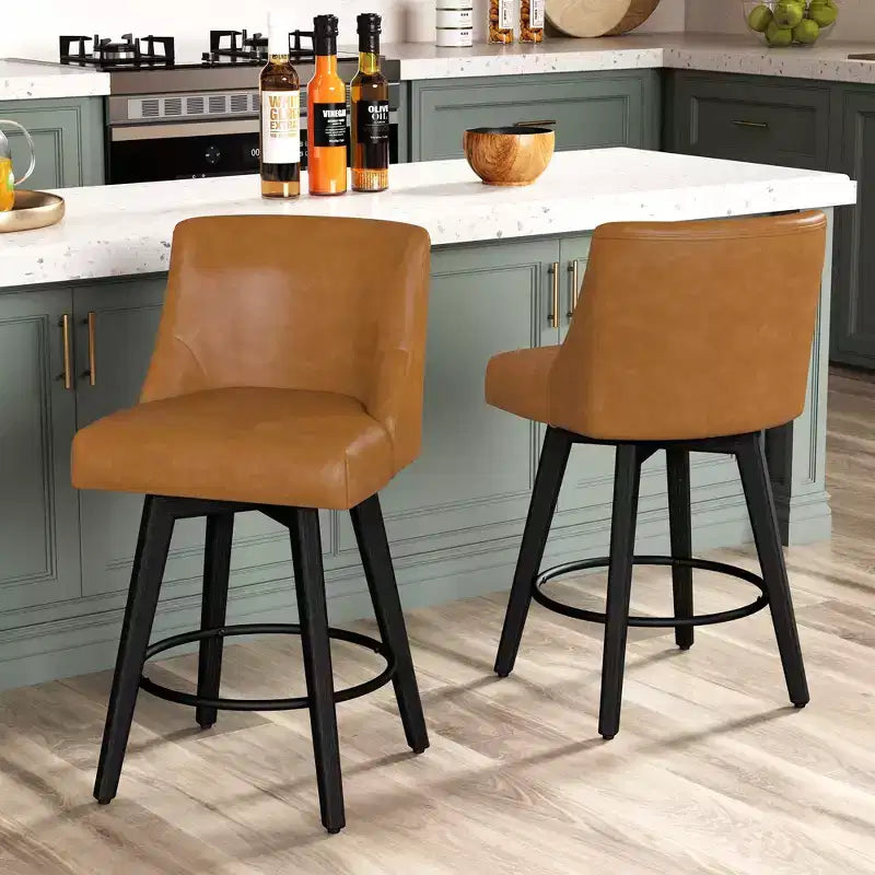 Metal Wood Upholstered Swivel Counter Stool Set of 2 17.5'' x 26-37''