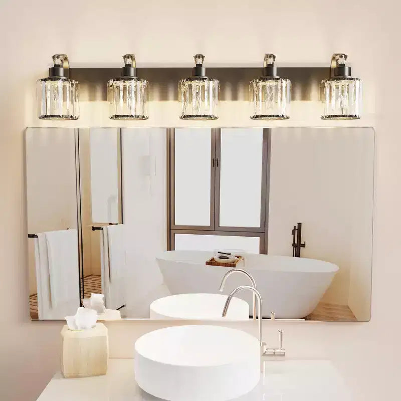 Applique da bagno nera in metallo con paralumi rotondi in vetro