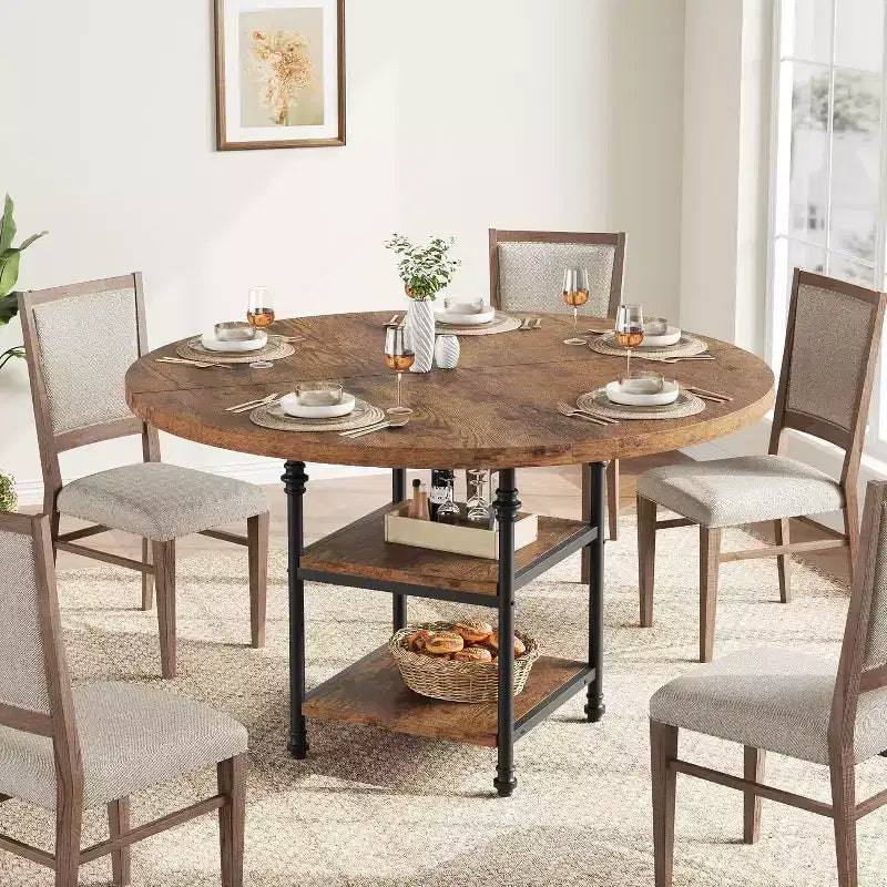 Metal Wood Round Dining Table with Storage Shelves 47.2'' x 30.3''