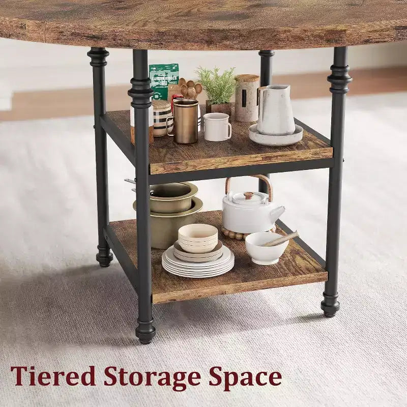 Metal Wood Round Dining Table with Storage Shelves 47.2'' x 30.3''