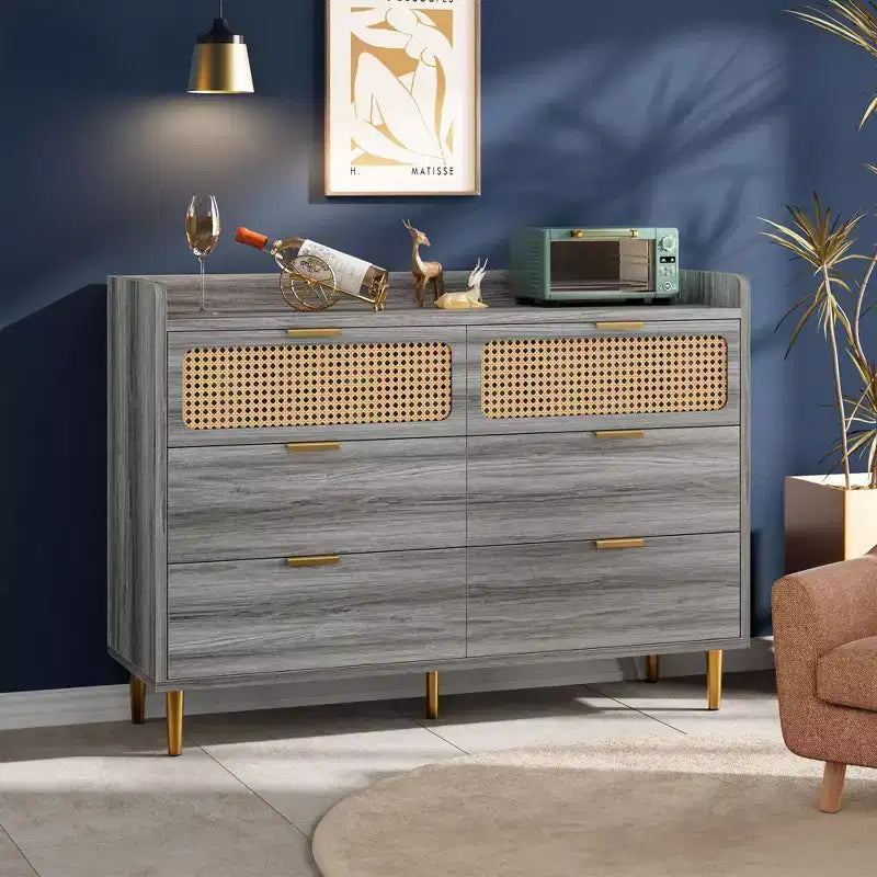 Comò doppio in legno e rattan a 6 cassetti con bordo rialzato 120 x 80 cm