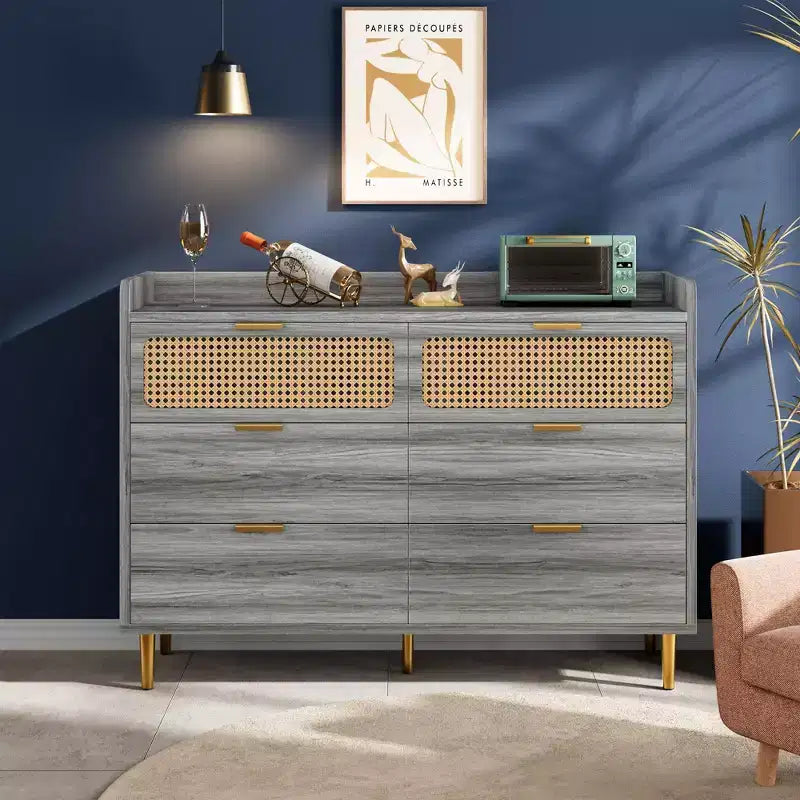 Comò doppio in legno e rattan a 6 cassetti con bordo rialzato 120 x 80 cm