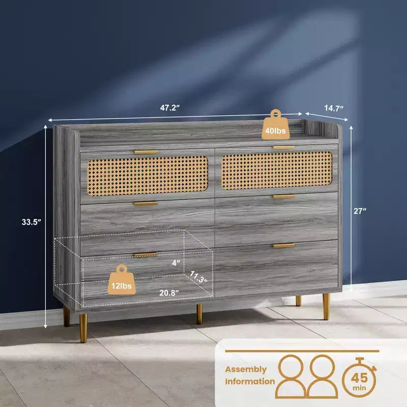 Comò doppio in legno e rattan a 6 cassetti con bordo rialzato 120 x 80 cm