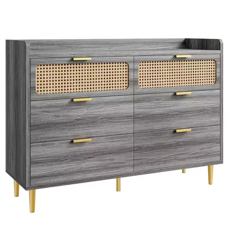 Comò doppio in legno e rattan a 6 cassetti con bordo rialzato 120 x 80 cm