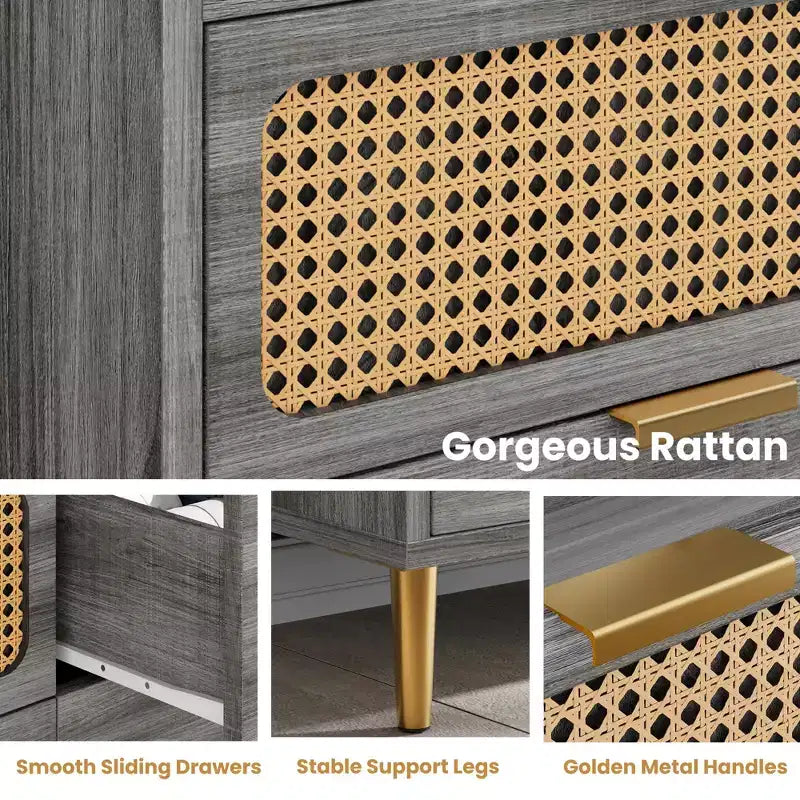 Comò doppio in legno e rattan a 6 cassetti con bordo rialzato 120 x 80 cm