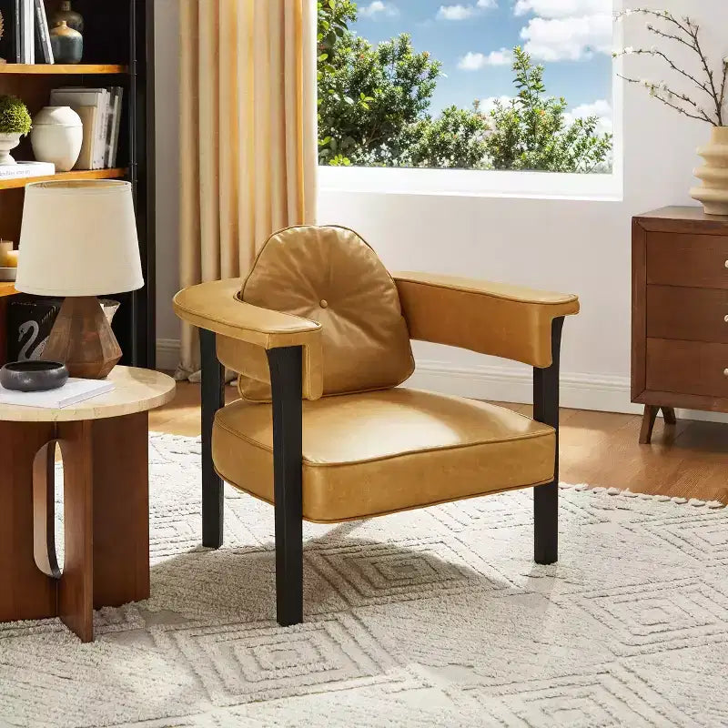 Poltrona in pelle con braccioli in legno di frassino 35,43'' x 33,46''