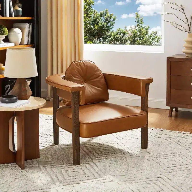Poltrona in pelle con braccioli in legno di frassino 35,43'' x 33,46''