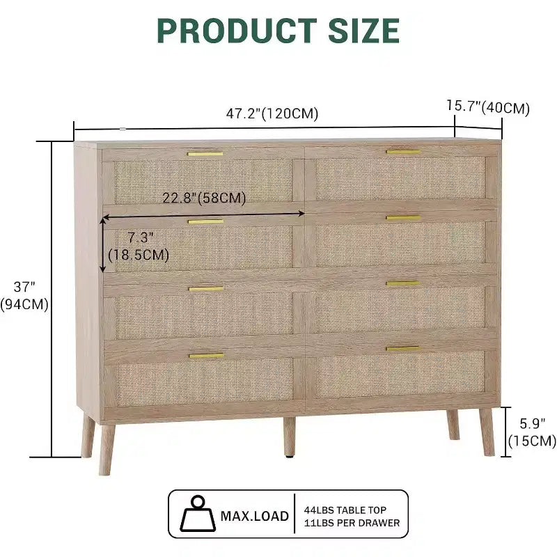 Comò in legno multistrato e rattan a 8 cassetti 120 x 94 cm