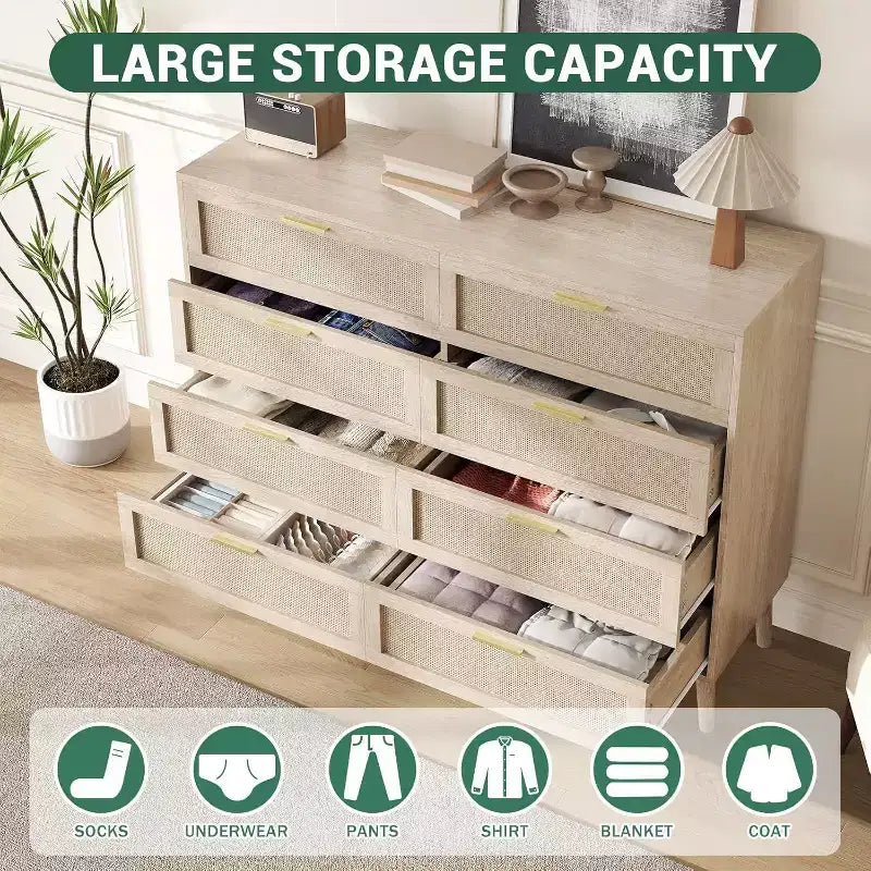 Comò in legno multistrato e rattan a 8 cassetti 120 x 94 cm