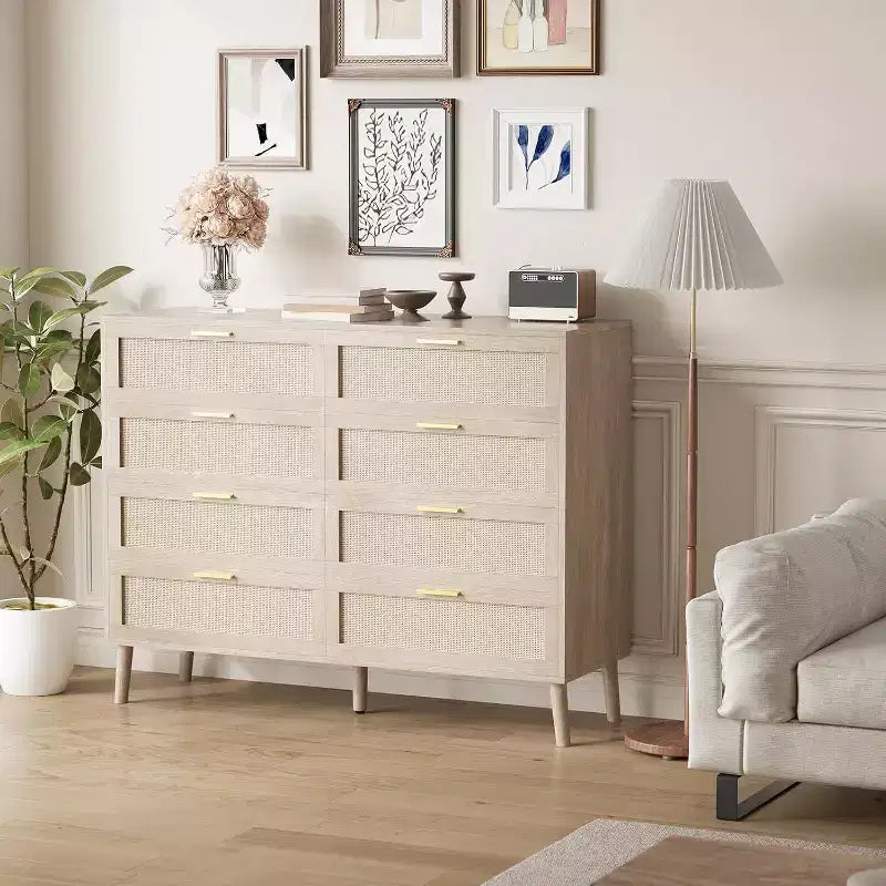 Comò in legno multistrato e rattan a 8 cassetti 120 x 94 cm