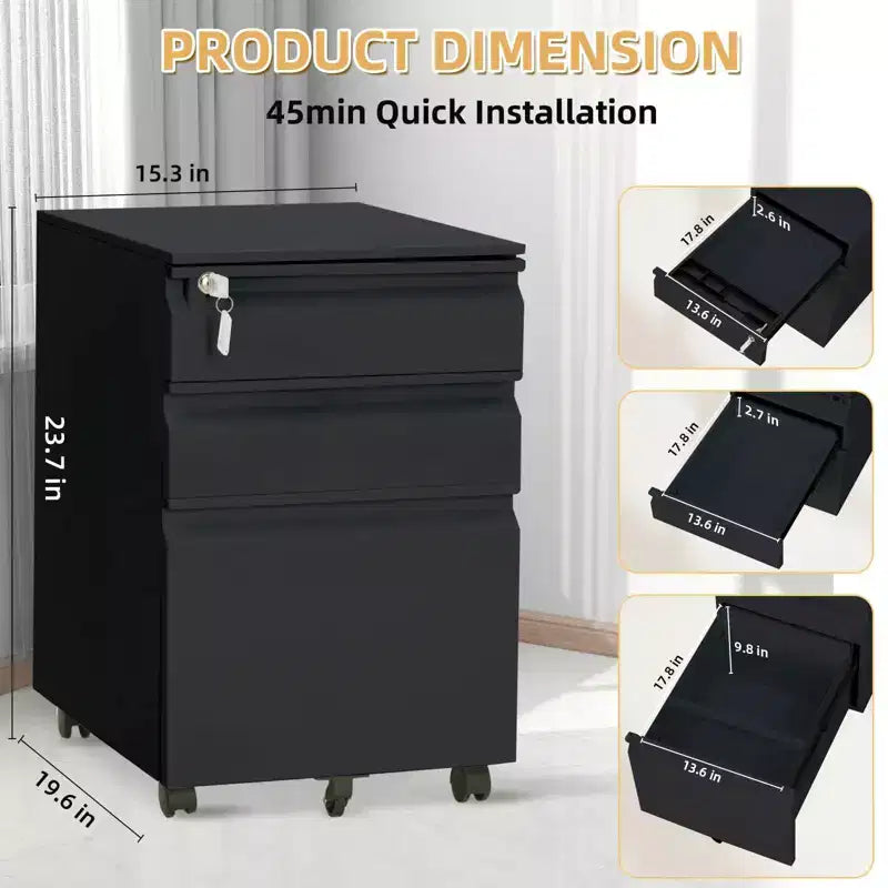 Steel 3-Drawer Rolling File Cabinet 14.57'' x 23.62''
