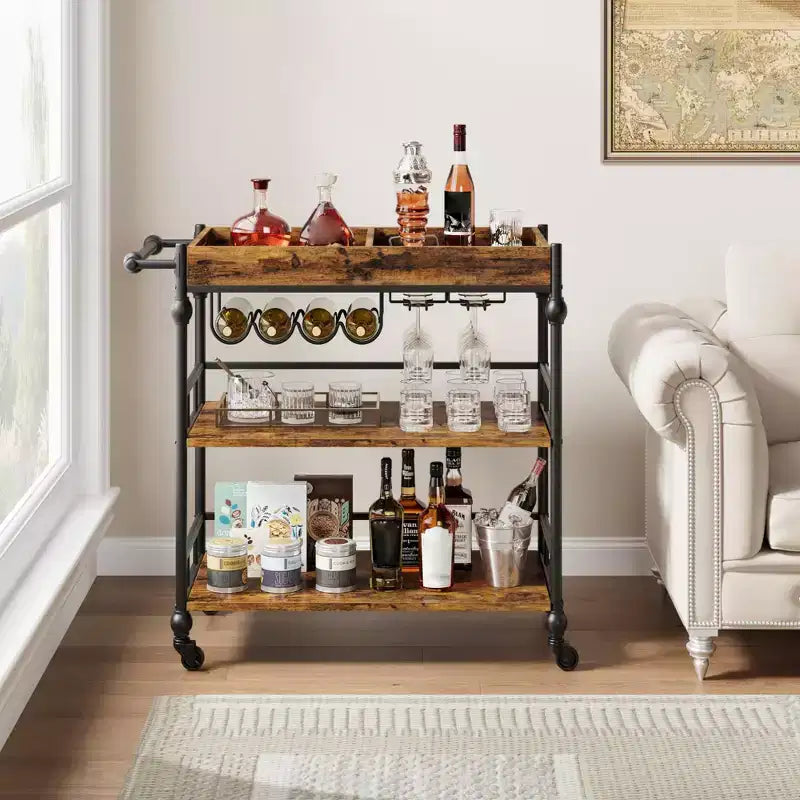 Carrello bar a 3 ripiani Iron Wood con portabottiglie