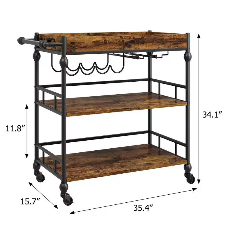 Carrello bar a 3 ripiani Iron Wood con portabottiglie