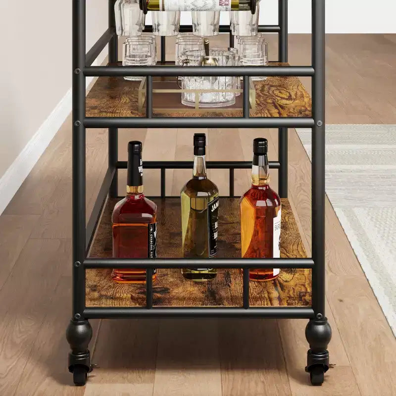 Carrello bar a 3 ripiani Iron Wood con portabottiglie