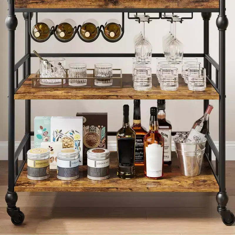 Carrello bar a 3 ripiani Iron Wood con portabottiglie