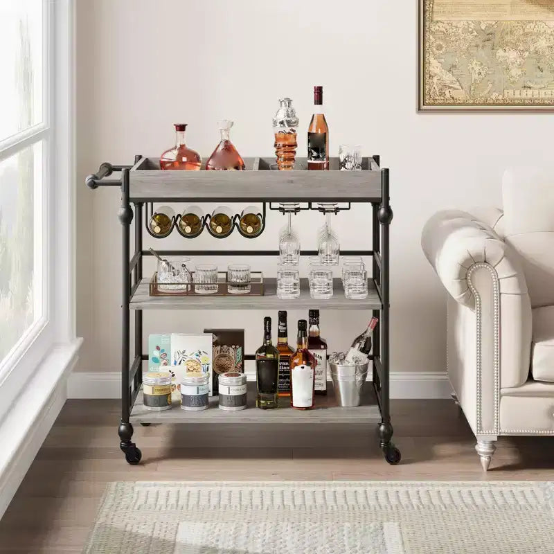 Carrello bar a 3 ripiani Iron Wood con portabottiglie