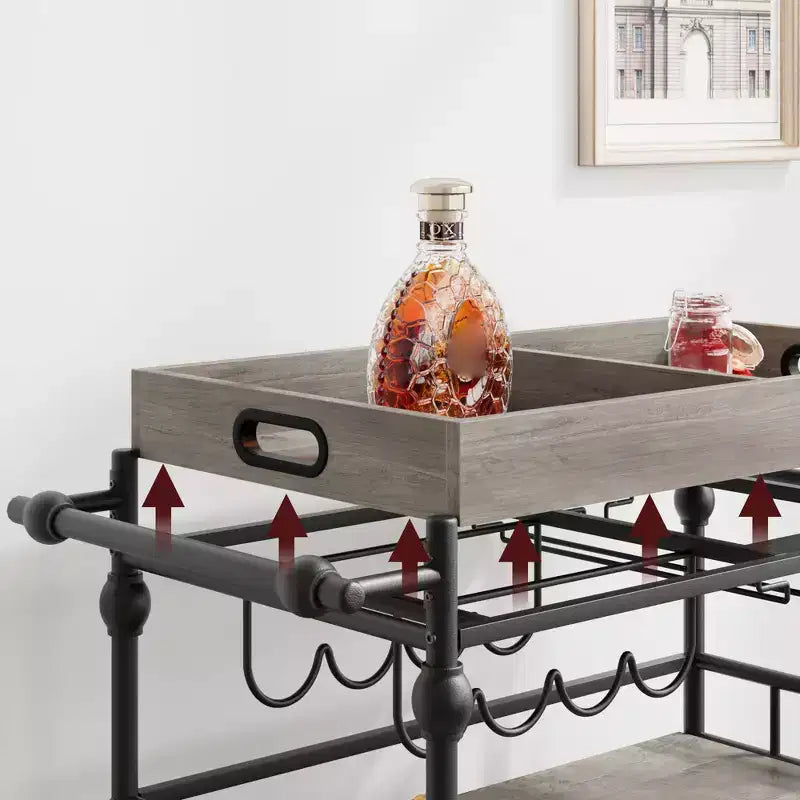 Carrello bar a 3 ripiani Iron Wood con portabottiglie