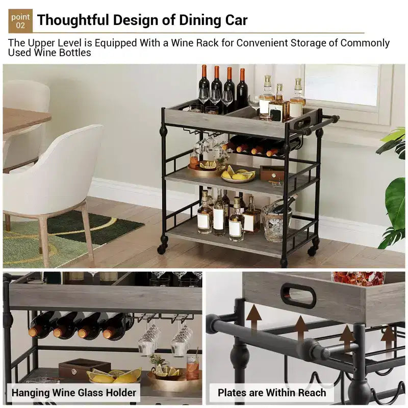 Carrello bar a 3 ripiani Iron Wood con portabottiglie