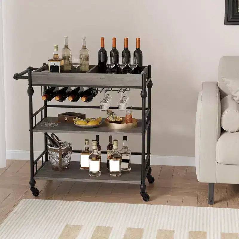 Carrello bar a 3 ripiani Iron Wood con portabottiglie