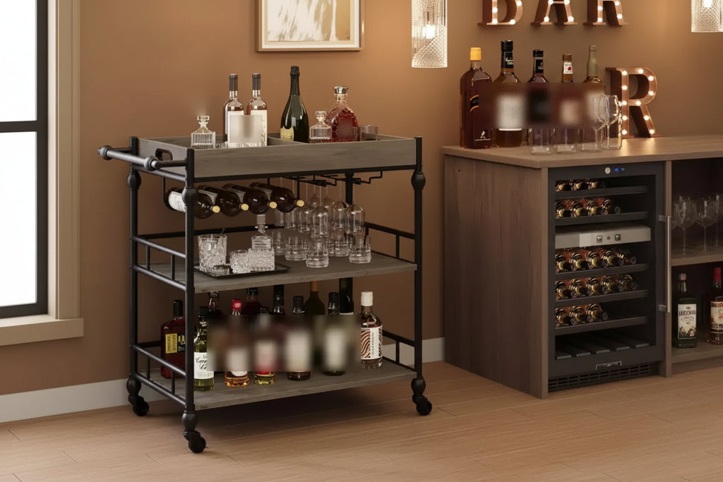 3 Tier Rolling Bar Cart with Wine Rack, Mobile Serving Cart with Wheels & Removable Tray, Liquor Beverage Cart,Microwave Drink Cart, Brown