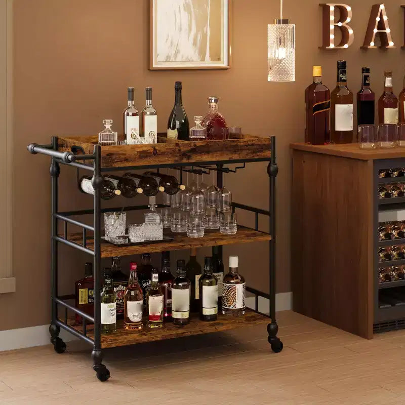 Carrello bar a 3 ripiani Iron Wood con portabottiglie