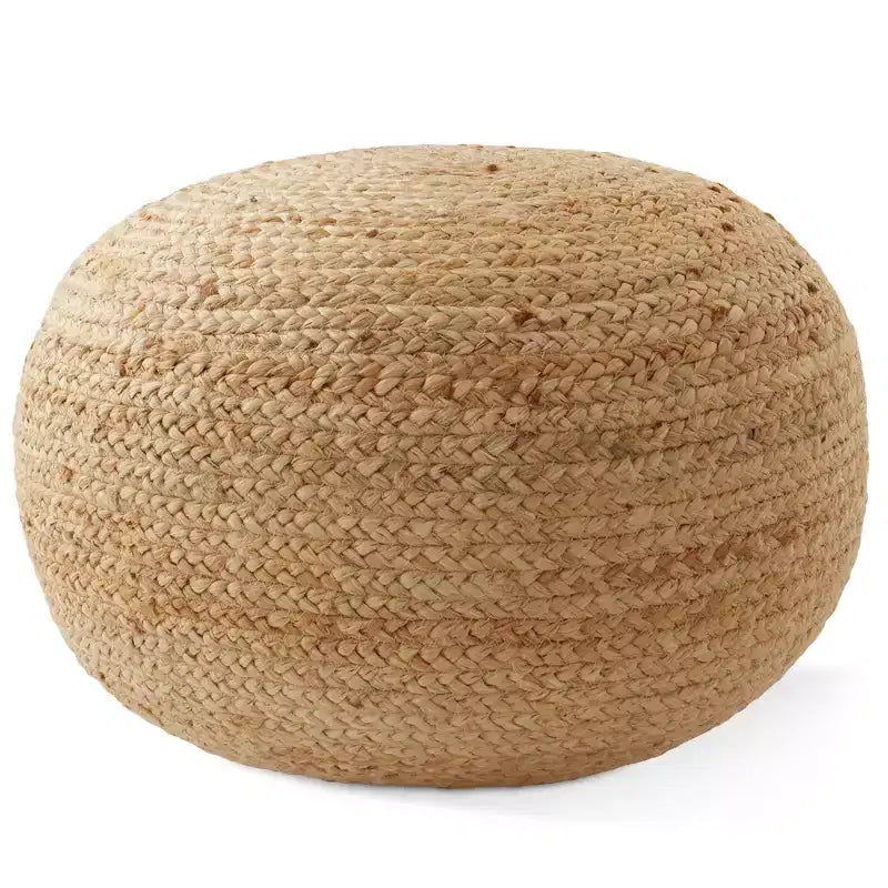 Hand-Braided Jute Pouf Ottoman, 19 Round x 10-1/2 High Footrest, Natural Woven Footstool, Boho Farmhouse Decor for Living Room, Bedroom