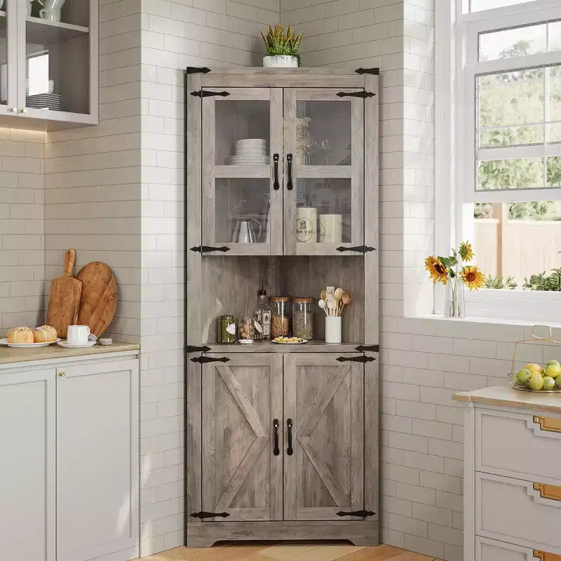 Mobile ad angolo in legno con ante in vetro 26'' x 66.9''