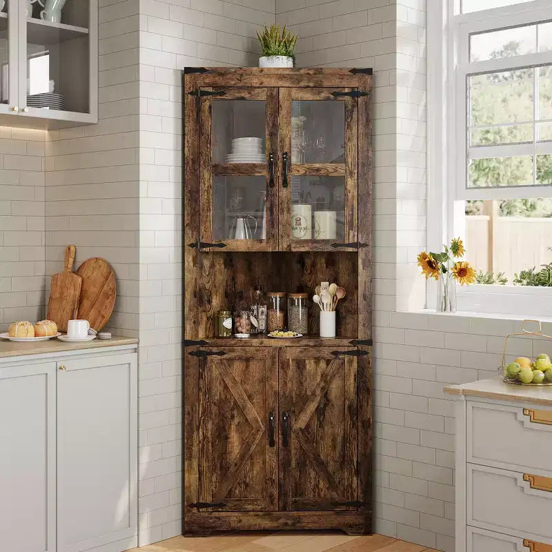 Wood Corner Storage Cabinet with Glass Doors 26'' x 66.9''
