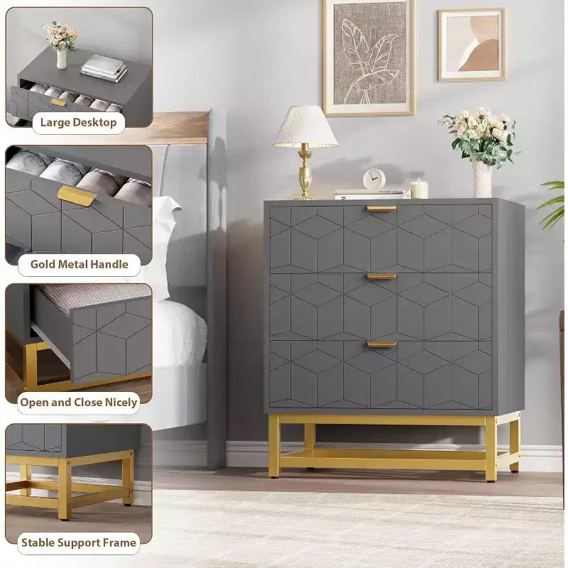 Cassettiera a 3 cassetti in MDF con gambe in metallo 60 x 71 cm