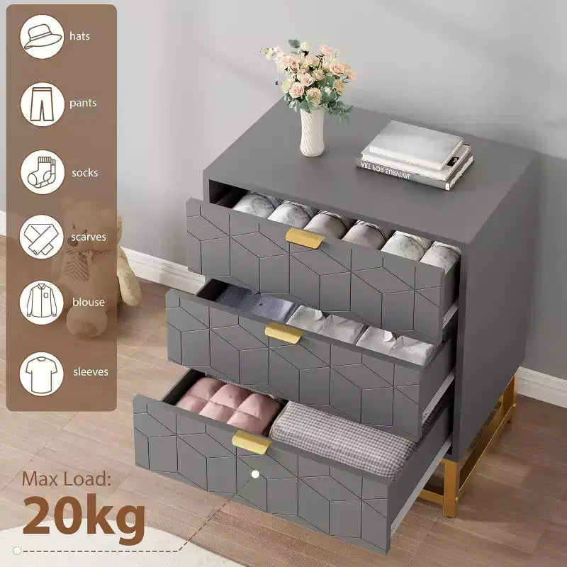 Cassettiera a 3 cassetti in MDF con gambe in metallo 60 x 71 cm