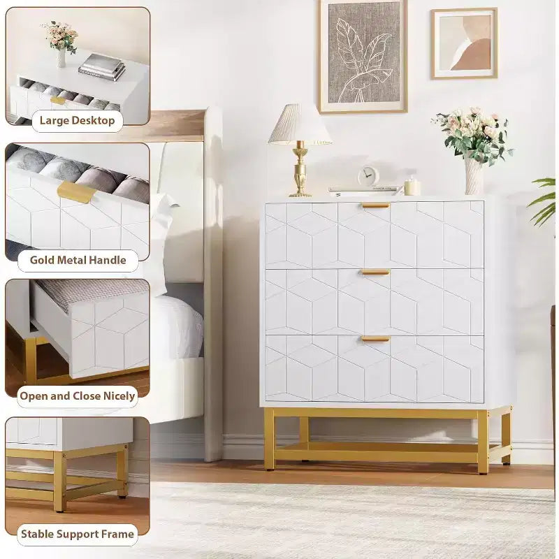 Cassettiera a 3 cassetti in MDF con gambe in metallo 60 x 71 cm