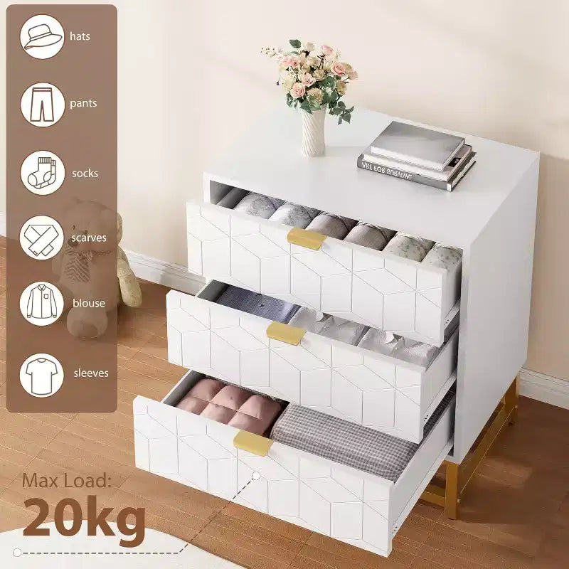 Cassettiera a 3 cassetti in MDF con gambe in metallo 60 x 71 cm