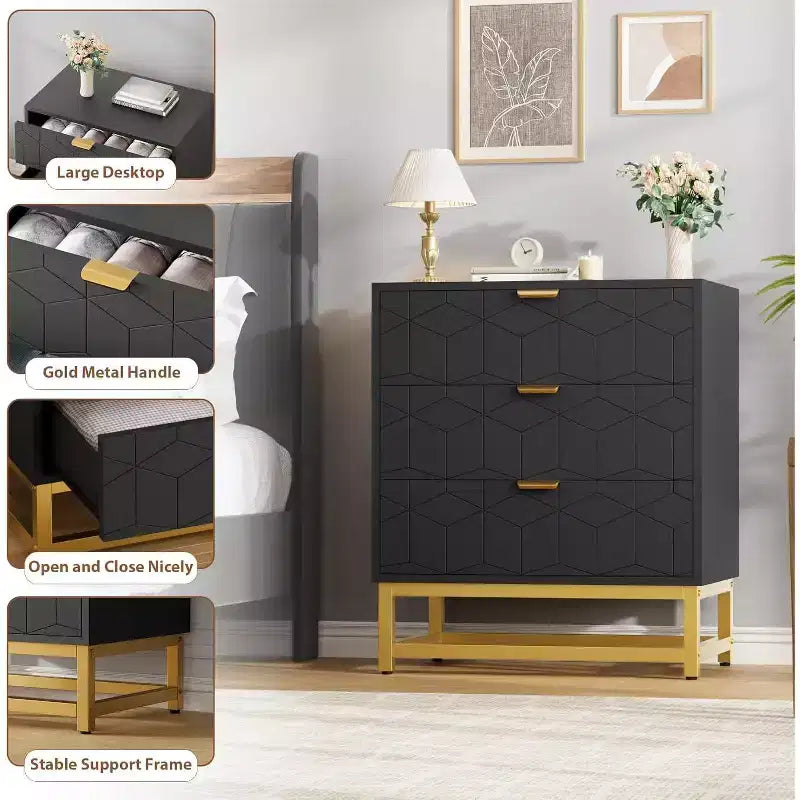 Cassettiera a 3 cassetti in MDF con gambe in metallo 60 x 71 cm