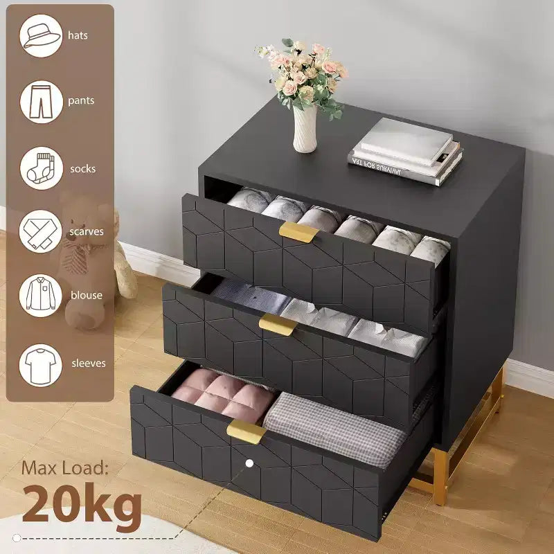 Cassettiera a 3 cassetti in MDF con gambe in metallo 60 x 71 cm