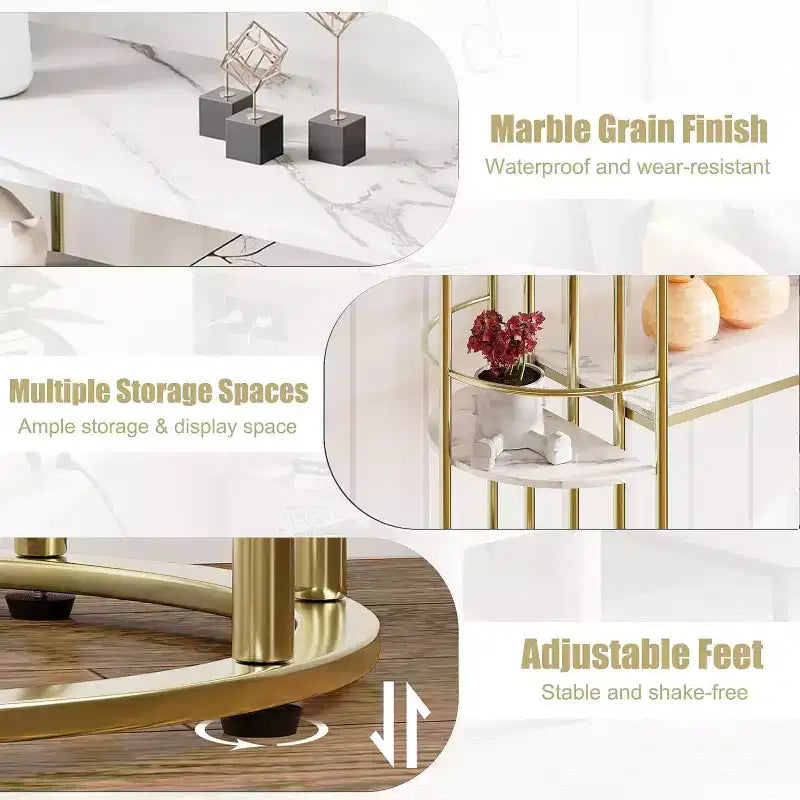 Tavolino consolle da 110,5 cm con ripiani e struttura dorata, piano effetto marmo