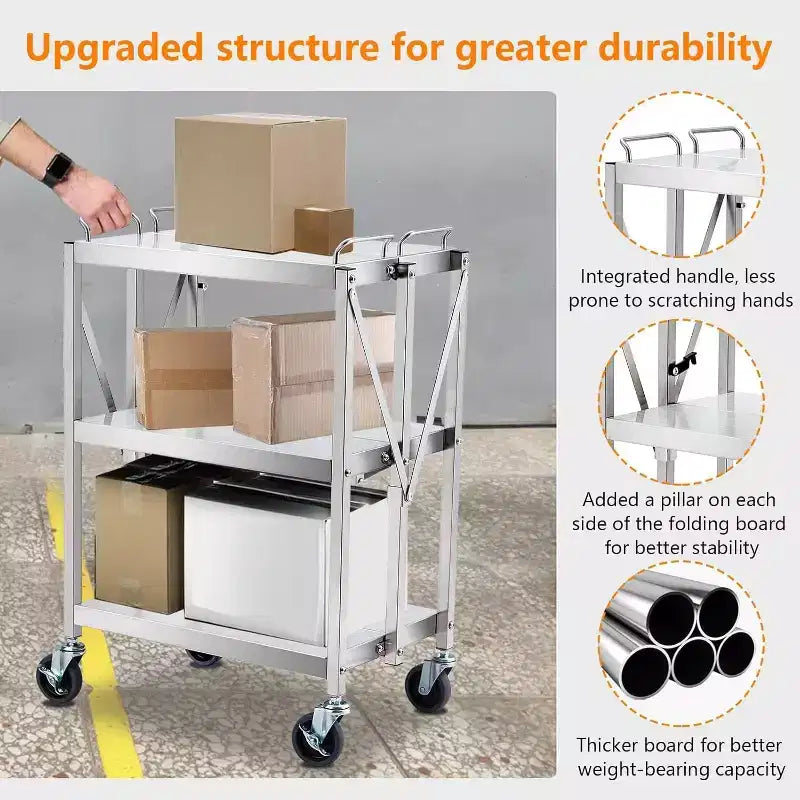 Carrello di utilità pieghevole con ruote, grande capacità 300LB, carrello in acciaio inossidabile, carrello a 3 ripiani, per ristorante, garage, ufficio
