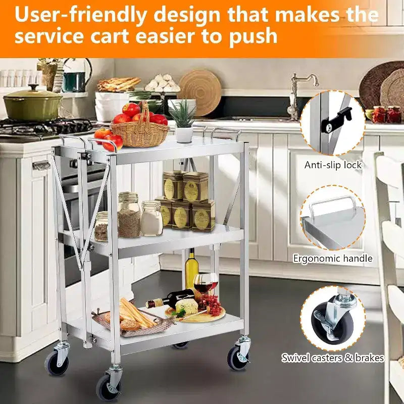 Carrello di utilità pieghevole con ruote, grande capacità 300LB, carrello in acciaio inossidabile, carrello a 3 ripiani, per ristorante, garage, ufficio