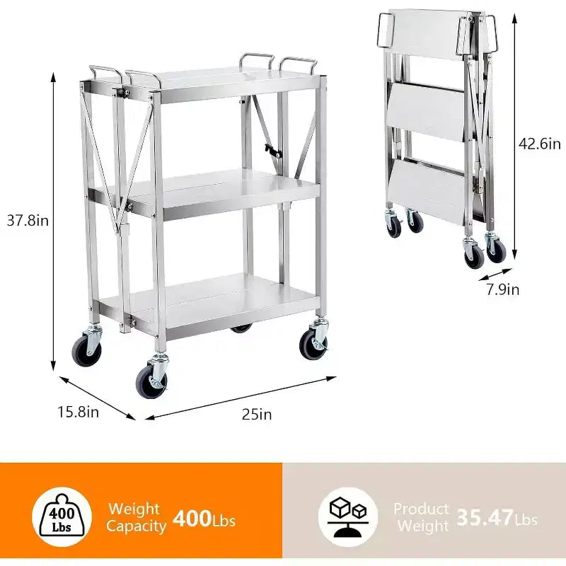 Carrello di utilità pieghevole con ruote, grande capacità 300LB, carrello in acciaio inossidabile, carrello a 3 ripiani, per ristorante, garage, ufficio