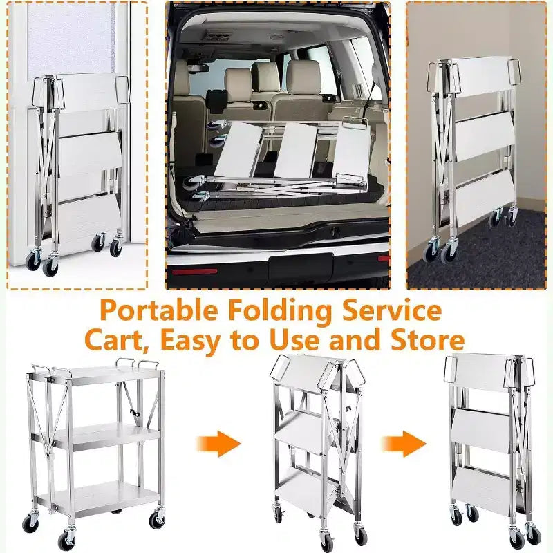 Carrello di utilità pieghevole con ruote, grande capacità 300LB, carrello in acciaio inossidabile, carrello a 3 ripiani, per ristorante, garage, ufficio