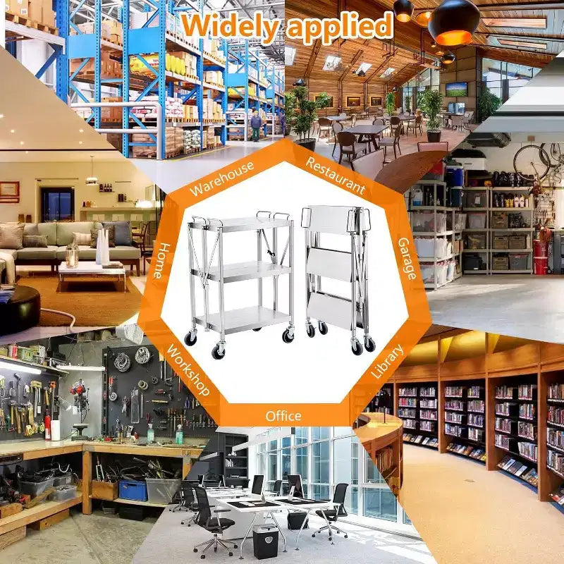 Carrello di utilità pieghevole con ruote, grande capacità 300LB, carrello in acciaio inossidabile, carrello a 3 ripiani, per ristorante, garage, ufficio
