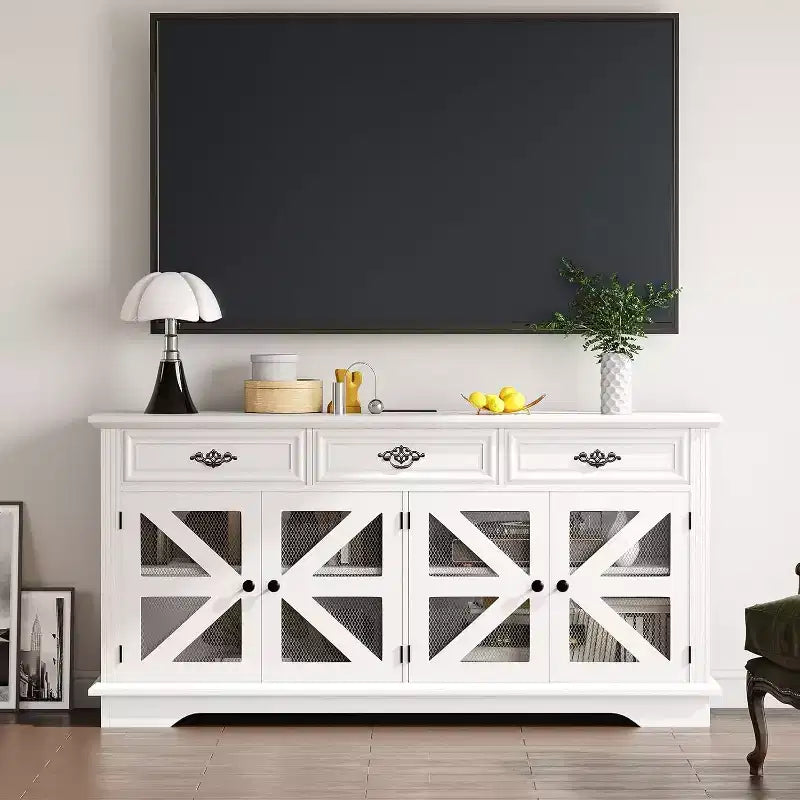 COZONY 63 Buffet Cabinet w/3 Drawers Adjustable Shelves, Charging Station & 4 Mesh Barn Doors, Sideboard Coffee Bar Storage for Dining Living Room