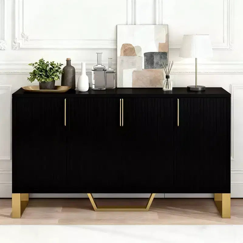 Hostack Sideboard Buffet Cabinet with 4 Doors, Metal Handles and Adjustable Shelves for Dining Room, Black