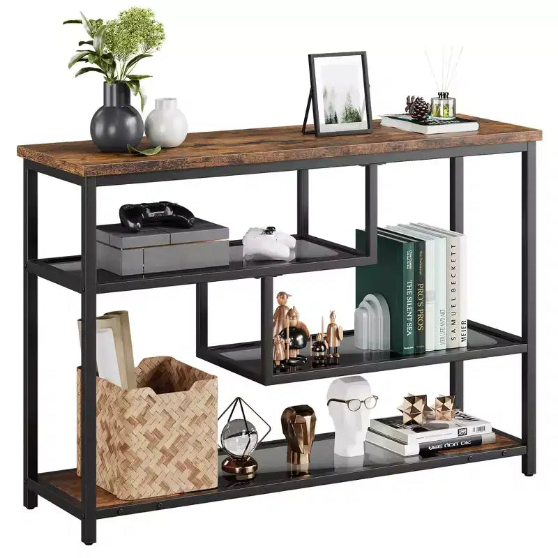 GustoWave Console Table, 4-Tier Sofa Tables Narrow Entryway Table with Tempered Glass Shelf, Industrial Hallway Table, 39.5'' W, Brown